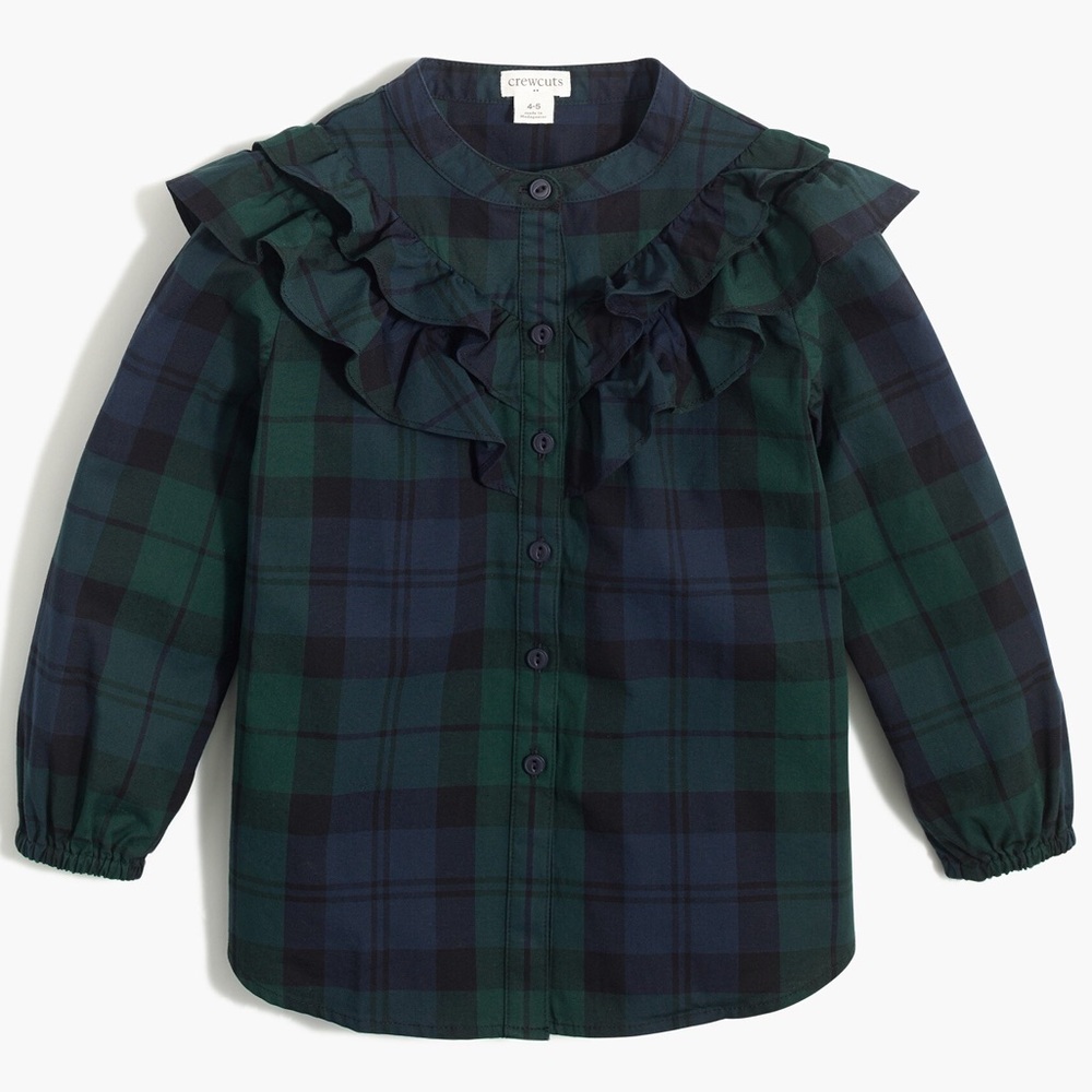 Crewcuts | Ruffle Front Long Sleeve Plaid Top AS736 Black Watch Plaid (8)